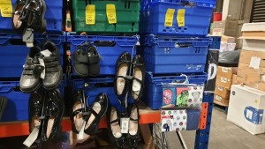 APPROX £600 RETAIL VALUE OF CHILDRENS BLACK FOOTWEAR IN VARIOUS STYLES & SIZES AND CHILDRENS BLUE WINTER BOOTS IN 5 TRAYS (NOT INCLUDED) - NOTE: ITEMS ARE SIMPLE MAGNETIC SECURITY TAGGED