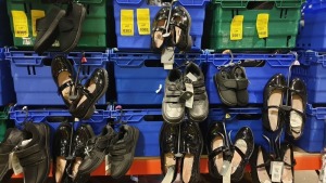 APPROX £600 RETAIL VALUE OF CHILDRENS BLACK FOOTWEAR IN VARIOUS STYLES & SIZES AND CHILDRENS BLUE WINTER BOOTS IN 5 TRAYS (NOT INCLUDED) - NOTE: ITEMS ARE SIMPLE MAGNETIC SECURITY TAGGED