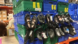 APPROX £600 RETAIL VALUE OF CHILDRENS BLACK FOOTWEAR AND BLUE WINTER BOOTS IN VARIOUS STYLES & SIZES AND CHILDRENS BLUE WINTER BOOTS IN 5 TRAYS (NOT INCLUDED) - NOTE: ITEMS ARE SIMPLE MAGNETIC SECURITY TAGGED