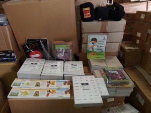 FULL PALLET CONTAINING LARGE QUANTITY OF ASSORTED BRAND NEW STATIONERY/EDUCATIONAL EQUIPMENT IE ANCIENT CIVILISATIONS TIMELINE, TTS SURFIXES & PREFIXES WHITEBOARDS, EXERCISE BOOKS, TTS HEALTHY EATING BOOK ETC