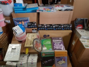 FULL PALLET CONTAINING LARGE QUANTITY OF ASSORTED BRAND NEW STATIONERY/EDUCATIONAL EQUIPMENT IE TTS BLACK JUMBO DRY WIPE MARKERS, DURACELL ULTRA POWER BATTERIES, 2.5KG POWDER PAINT, VARIOUS MATHMATICAL EXERCISE BOOKS, BE POSITIVE ACTIVITY PACK, PUKKA PADS