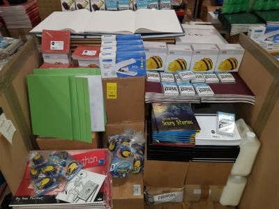 FULL PALLET CONTAINING LARGE QUANTITY OF ASSORTED BRAND NEW STATIONERY/EDUCATIONAL EQUIPMENT IE THE BASIC EXPLANATION SKELETON FLIPBOOK, SELLOTAPE ON-HAND DISPENSER, BEE-BOT RECHARGEABLE PROGRAMMABLE FLOOR ROBOT, HEAVY DUTY ECO STAPLER, SCOLA MULTI-PURPOS