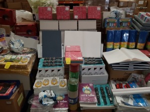 FULL PALLET CONTAINING LARGE QUANTITY OF ASSORTED BRAND NEW STATIONERY/EDUCATIONAL EQUIPMENT IE LETS THINK ACTIVITY BOOK, JINGLE STICK, LARGE SKETCHBOOKS, MITRE SIZE 5 FOOTBALL, TTS METALLIC CORRUGATED BORDER ROLL, FOAM DOMINOS SET, SWASH PREMIUM BALL POI