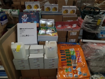 FULL PALLET CONTAINING LARGE QUANTITY OF ASSORTED BRAND NEW STATIONERY/EDUCATIONAL EQUIPMENT IE SCOLA MULTI-PURPOSE MEDIUM GLUE, LARGE TODAYS CHART, EXERCISE BOOKS, BEE-BOT RECHARGEABLE PROGRAMMABLE FLOOR ROBOT, BEE-BOT DOCKING STATION, BINARYBOTS (BUILD