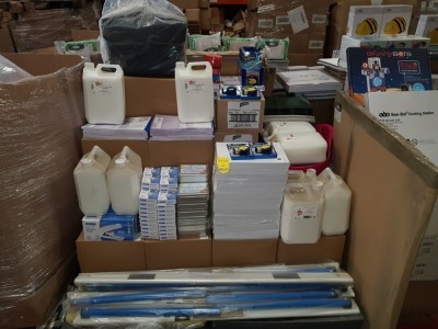FULL PALLET CONTAINING LARGE QUANTITY OF ASSORTED BRAND NEW STATIONERY/EDUCATIONAL EQUIPMENT IE SCOLA MULTI-PURPOSE MEDIUM GLUE, PUKKA PAD, VERB WRITING SKILLS TARGET CARDS, SELLO TAPE ON-HAND DISPENSER, BEROL HANDWRITING PENS, HEAVY DUTY ECO STAPLER, VIN