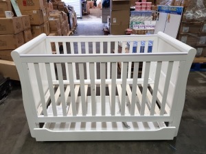 BRAND NEW MOTHERCARE HIGH GLOSS WHITE SLEIGH COT BED WITH STORAGE DRAWER - (KB488) - RRP £299 - IN 2 BOXES