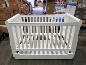 BRAND NEW MOTHERCARE HIGH GLOSS WHITE SLEIGH COT BED WITH STORAGE DRAWER - (KB488) - RRP £299 - IN 2 BOXES