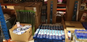 APPROX 750+ AUTOMOBILE ACCESSORIE LOT TO INCLUDE - 700+WIPERS, 20" 2 CUTTABLE UNIVERSAL, (BLUECOL) TWIN PACK FRONT WIPER BLADES AND QUANTITY OF SELF ADHESIVE STICKERS. CONTAINED ON HALF A BAY.