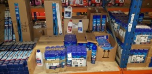 APPROX 200 X MIXED AUTOMOBILE ACESSORIE'S TO INCLUDE - (BLUE COL) SUB ZERO DE-ICER, (BLUE COL) TRADITIONAL WIPER BLADES, ANTO FREEZE & COOLANT, (CAR PLAN) ANTI-FREEZE, STICKERS ETC. CONTAINED ON HALF A BAY