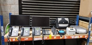 MIXED LOT TO INCLUDE - 9 X AVAYA TELEPHONE'S, 2 X MONITORS, 1 X HOTPOINT FRIDGE, 3 X BT TELEPHONE'S, 1 X SNBC LABELER, 1 X EPSON PERFECTION SCANNER, 1 X LAPTOP BAG, 3 X KEYBOARD