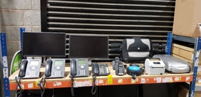 MIXED LOT TO INCLUDE - 9 X AVAYA TELEPHONE'S, 2 X MONITORS, 1 X HOTPOINT FRIDGE, 3 X BT TELEPHONE'S, 1 X SNBC LABELER, 1 X EPSON PERFECTION SCANNER, 1 X LAPTOP BAG, 3 X KEYBOARD
