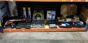 MIXED LOT OF TOOL'S TO INCLUDE - 2 X HILLTOP BRAID CUTTERS, 1 X STEINEL HL 2010 E ELECTRONIC HEAT GUN, 2 X SOCKET SET'S, 1 X BLACK & DECKER DRILL, 1 X DIGITRONIC MICROMETER 201 SERIES, 1 X MAGNUSSON SAW, 2 X LINE MARKING PAINT, 4 X PLIERS - CONTAINED ON F