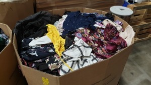 FULL PALLET OF CLOTHING CONTAINNG DRESSES IN VARIOUS STYLES AND SIZES