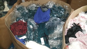 FULL PALLET OF BRAND NEW CLOTHING I.E DOROTHY PERKINS DRESSES AND BLOUSES, EVANS PURPLE TOPS, TOPSHOP DRESSES IN RED IN VARIOUS SIZES