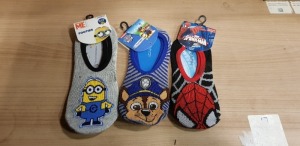 240 X BRAND NEW NICKELODEON PAW PATROL FOOTSIE SOCKS, MARVEL SPIDERMAN FOOTSIE SOCKS AND DESPICABLE ME FOOTSIE SOCKS