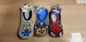 240 X BRAND NEW NICKELODEON PAW PATROL FOOTSIE SOCKS, MARVEL SPIDERMAN FOOTSIE SOCKS AND DESPICABLE ME FOOTSIE SOCKS