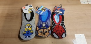 240 X BRAND NEW NICKELODEON PAW PATROL FOOTSIE SOCKS, MARVEL SPIDERMAN FOOTSIE SOCKS AND DESPICABLE ME FOOTSIE SOCKS