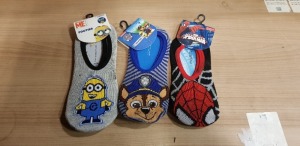 240 X BRAND NEW NICKELODEON PAW PATROL FOOTSIE SOCKS, MARVEL SPIDERMAN FOOTSIE SOCKS AND DESPICABLE ME FOOTSIE SOCKS