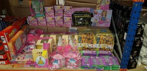 3/4 BAY MIXED TOY LOT CONTAINING DISNEY PRINCESS PAINT YOUR OWN MONEY BANK, DESPICABLE ME BAGS, SHIMMER AND SHINE DIFFERENT COLOURED PENCIL, DREAM WORKS TROLLS ACTIVITY SETS, TROLLS BACK PACKS ETC