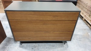 1 X 3 DRAW CHEST WITH NATURAL WALNUT DRAWERS AND GREY SIDES - NOTE* FEW SMALL CHIPS