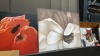 3 X LARGE FLORAL PICTURES TO INCLUDE - 1 X RED POPPY ON BLACK CANVAS & 2 X BEIGE/LIGHT BROWN PETAL'S IN GOLD FRAME