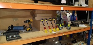 APPROX 80 MIXED TOOL LOT CONTAINING 56 X IRWIN MARPLES SCREWDRIVERS, DEWALT XR LI-ION 18VDRILL, DRILL PIECES IN VARIOUS SIZES, WORKGLOVES, MULTI MAT KNEELING PAD, POWER CRAFT 900W ANGLE GRINDER AND A RYOBI POWER SAW WITH 4 X RYOBI BATTERIES