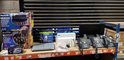 MIXED ELECTRONICS LOT CONTAINING 3 X AVAYA OFFICE PHONES, 2 X YEALINK OFFICE PHONES, LINKSYS WIRELESS- G SPEED BOOSTER, ASUS MONITOR, CANON PRINTER, PREMSHIELD SWITCHBOARD, DRAYTEK VIGORAP 800 ROUTER, RUSSEL HOBBS TRAVEL IRON AND 2 X SOUNDLAB VERIN LIGHTI