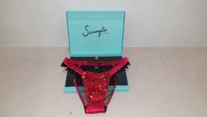 50 X SCRUMPIES OF MAYFAIR CHERRY COX TANGA BRIEFS - SIZES 10-14 (2-4) - QTY BREAKDOWN 2(12), 3(26), 4(12) - WITH BAG OF 50 CHARMS AND 25 PRESENTATION BOXES - ORIG RRP £35 EACH (£1750 TOTAL)