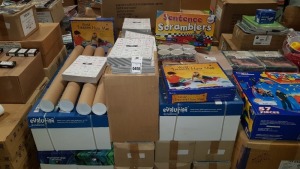 FULL PALLET CONTAINING BRAND NEW ASSORTED EDUCATIONAL/STATIONERY EQUIPMENT IE SUFFIXES & PREFIXES WHITEBOARD, LEARNING RESOURCES WORLD TREASURE HUNT MAP, SENTENCE SCRAMBLERS, TTS NUMBER COUNTS ACTIVITY BOOK, VARIOUS SIZE PAPER IN CASES, EXERCISE BOOKS ETC