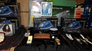 MISC LOT OF 11 ITEMS CONTAINING SUNGLASSES, YELLOW WATCH, A RING, A BLUETOOTH SPEAKER, 3 X FLASHLIGHTS, RUSELL HOBBS IRON, IRONING COVER BOARD AND A UNIVERSAL POWER ADAPTOR