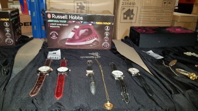 MISC LOT OF 8 ITEMS CONTAINING 5 X WATCHES, 2 X NECKLACES IN YELLOW AND GREY AND A RUSSELL HOBBS IRON