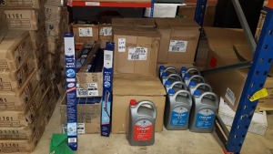 APPROX 50 X MIXED AUTOMOBILE ACCESSORIES TO INCLUDE - (BLUECOL) COOLANT OE40 & OE48, SPECIFIC FRONT & REAR WIPER BLADES, LONGLIFE ANTIFREEZE COOLANT - CONTAINED ON HALF A BAY