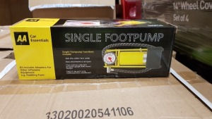 50 X (CAR ESSENTIAL) SINGLE FOOTPUMP, FUNCTIONS - NON SLIP RUBBER FOOT PEDAL, EASY ATTACHMENT TO ALL TYRES, CLEAR AND ACCURATE TYRE PRESSURE GAUGE WITH SWIVEL MARKER, EASY TO USE WITH LONG REINFORCED HOSE ATTACHMENT - CONTAINED IN 5 BOXES