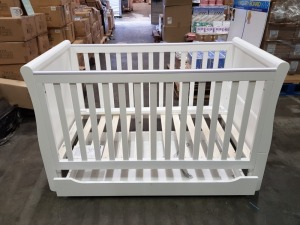 BRAND NEW MOTHERCARE HIGH GLOSS WHITE SLEIGH COT BED WITH STORAGE DRAWER - (KB488) - RRP £299 - IN 2 BOXES