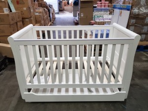 BRAND NEW MOTHERCARE HIGH GLOSS WHITE SLEIGH COT BED WITH STORAGE DRAWER - (KB488) - RRP £299 - IN 2 BOXES
