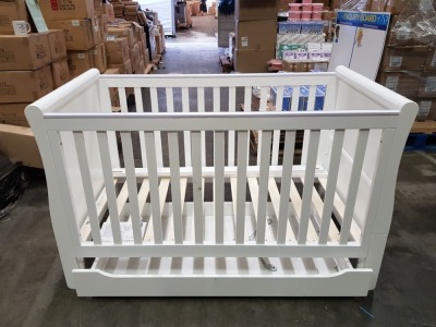 BRAND NEW MOTHERCARE HIGH GLOSS WHITE SLEIGH COT BED WITH STORAGE DRAWER - (KB488) - RRP £299 - IN 2 BOXES