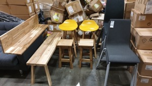 MISC HOME DÉCOR LOT CONSISTING OF - 9 X DARK GREY FABRIC CHAIRS, 1 X WOODEN BENCH, 1 X KITCHEN SHELF, 2 X SMALL WOODEN STOOLS, 2 X MUSTARD TOP CONTEMPORARY BAR STOOLS..