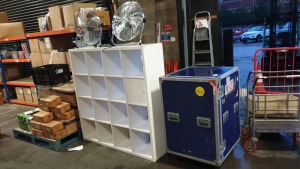 4 ITEMS TO INCLUDE - 2 X (FUTURA) CHROME FANS, 1 X STORAGE UNIT TO CONSIST OF 16 IND SHELVES, 1 X MOBILE CARRY BOX
