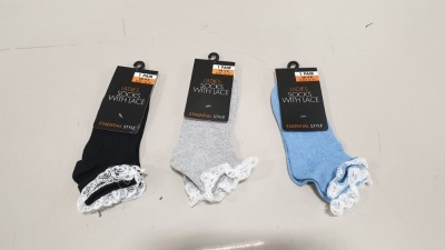 288 X BRAND NEW LADIES SOCKS WITH LACE UK SIZE 4-8 IN 3 COLOURS