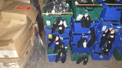 APPROX 100 PARS OF BLACK MACHINE WASHABLE PLIMSOLES IN ASSORTED SIZES / AGES £4-£5 RRP EACH - IN 5 TRAYS