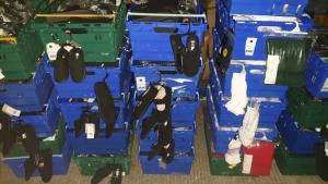 APPROX 100 PARS OF BLACK MACHINE WASHABLE PLIMSOLES IN ASSORTED SIZES / AGES £4-£5 RRP EACH - IN 5 TRAYS