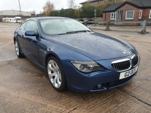 BLUE BMW 645 CI AUTO. Reg : G2OCS Mileage : 91432 Details: WITH 1 KEY, ENGINE SIZE 4398CC, FULL LEATHER ELECTRIC SEATS, CLIMATE CONTROL, CRUISE CONTROL, MOT EXPIRED 10/01/2021