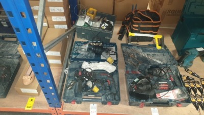 MIXED TOOL LOT CONTAINING BOSCH HAMMER DRILL, BOSCH ANGLE GRINDER, DRILL ACCESSORIES AND BOX CONTAINING ACCERSSORIES IE GASKET, METAL WIRE, SCREWS AND BOLTS ETC