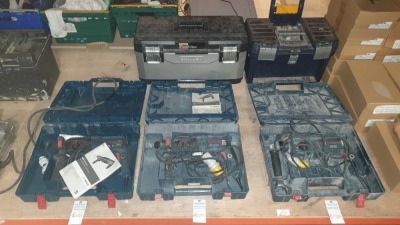 MIXED TOOL LOT CONTAINING BOSCH HAMMER DRILL (GBH 2-26 DRE PROFESSIONAL) ALSO INCLUDES STANLEY FLAT MATS TOOL BOX WITH SCREWS ETC