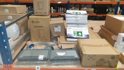 MIXED LOT CONTAINING CMD A20 SERIES FLOW BOX WITH 4 SOCKETS, LUXNA EMERGENCY MULTI MOUNT EXIT SIGN, EUROPA COMPONENTS BOX (METAL ELECTRIC BOX) AND STEEPLE AUTOMATIC PULL CORD EXTRACTOR FAN ETC