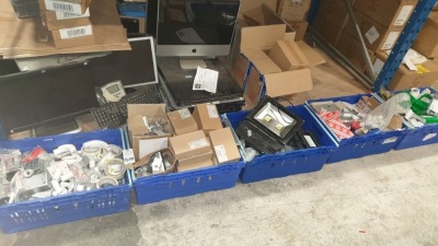 MIXED ELECTRICAL LOT IN 5 TRAYS (NOT INCLUDED) CONTAINING PLUMBING PARTS, END CLAMPS, HISPEC LIGHTS, PLUG SOCKETS WITH LOCK AND ELIPSE REPLACEMENT FILTERS ETC