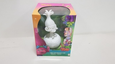 23 X BRAND NEW TROLLS PAINT YOUR OWN MONEY BANK - INCLUDES 1 FIGURE, 1 BRUSH AND 5 PAINTS IN VARIOUS COLOURS