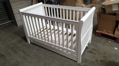 BRAND NEW MOTHERCARE HIGH GLOSS WHITE SLEIGH COT BED WITH STORAGE DRAWER - (KB488) - RRP £299 - IN 2 BOXES