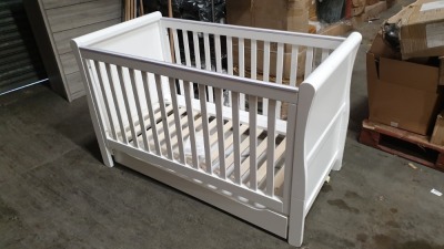 BRAND NEW MOTHERCARE HIGH GLOSS WHITE SLEIGH COT BED WITH STORAGE DRAWER - (KB488) - RRP £299 - IN 2 BOXES
