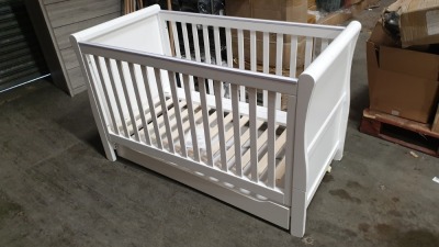 BRAND NEW MOTHERCARE HIGH GLOSS WHITE SLEIGH COT BED WITH STORAGE DRAWER - (KB488) - RRP £299 - IN 2 BOXES